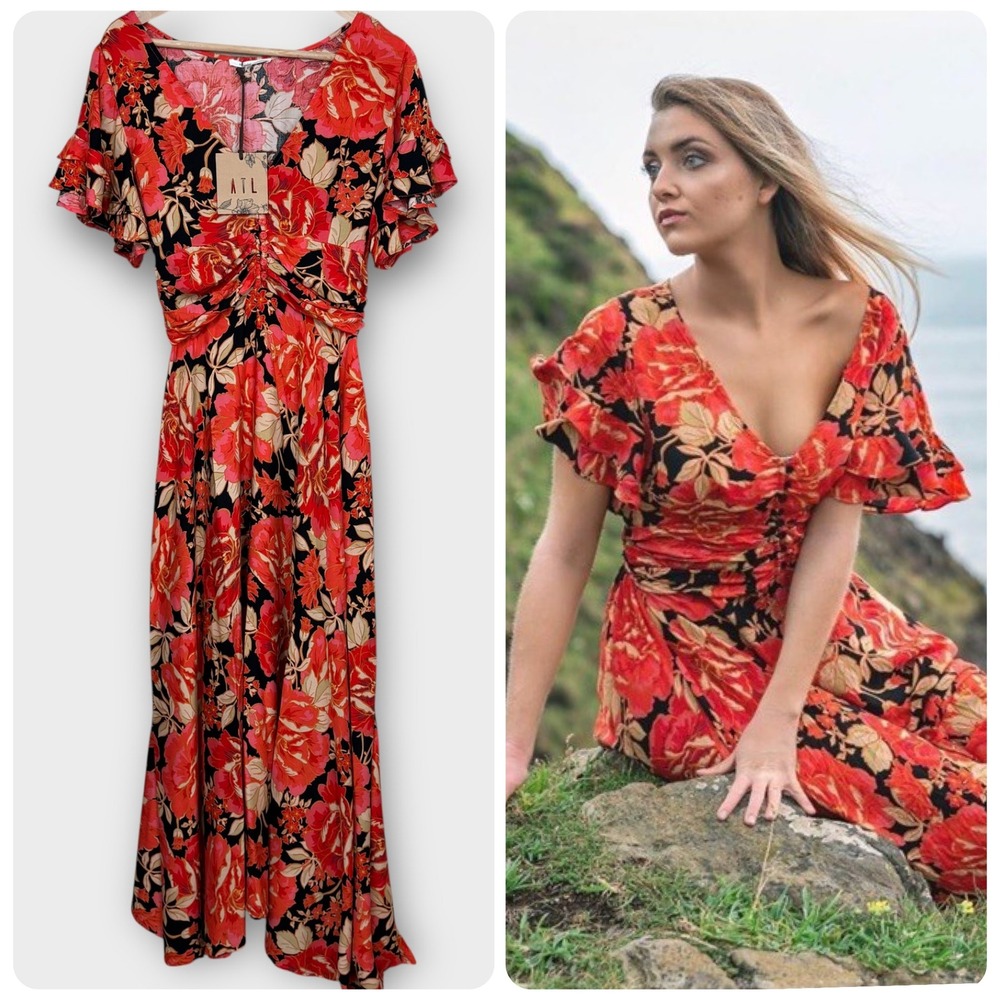 Anthropologie NWT Abel the Label‎ Maxi Dress S Red Floral Smocked Waist Ruffle